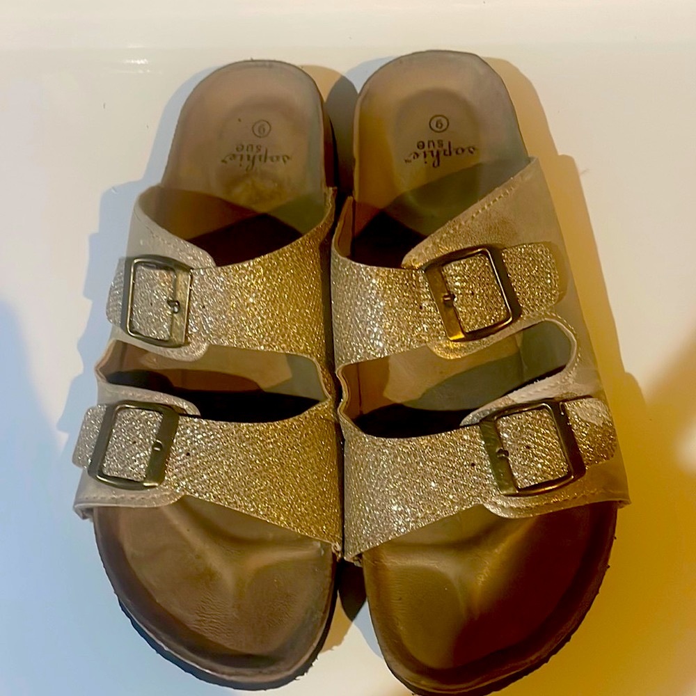 Gold sparkle slides with double buckles!
